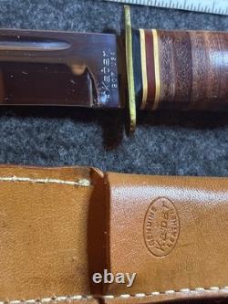 Vintage KA-BAR 1207 USA 6 Stacked Leather Hunting Knife & Original Sheath MINT