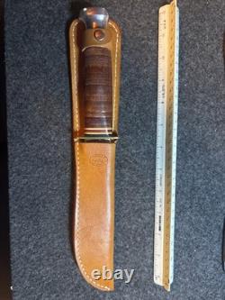 Vintage KA-BAR 1207 USA 6 Stacked Leather Hunting Knife & Original Sheath MINT