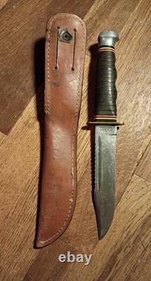 Vintage Ka Bar 1207 USA Fighting Knife Fixed Blade Sawback/ Leather Sheath Read