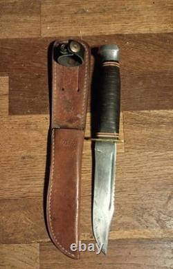 Vintage Ka Bar 1207 USA Fighting Knife Fixed Blade Sawback/ Leather Sheath Read