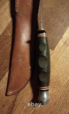Vintage Ka Bar 1207 USA Fighting Knife Fixed Blade Sawback/ Leather Sheath Read