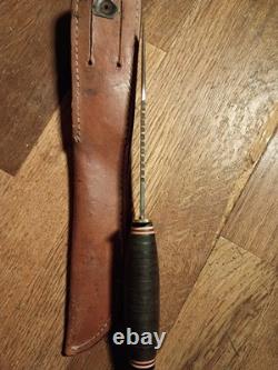 Vintage Ka Bar 1207 USA Fighting Knife Fixed Blade Sawback/ Leather Sheath Read