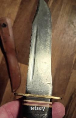 Vintage Ka Bar 1207 USA Fighting Knife Fixed Blade Sawback/ Leather Sheath Read