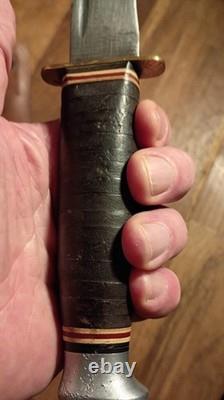 Vintage Ka Bar 1207 USA Fighting Knife Fixed Blade Sawback/ Leather Sheath Read