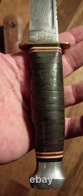Vintage Ka Bar 1207 USA Fighting Knife Fixed Blade Sawback/ Leather Sheath Read
