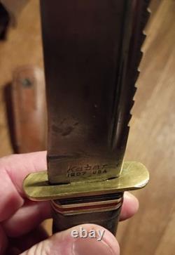 Vintage Ka Bar 1207 USA Fighting Knife Fixed Blade Sawback/ Leather Sheath Read