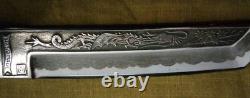 Vintage Knife Tanto Dragon Dagger Fixed Blade Hickory Handle Dragon Leather 20th