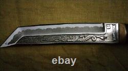 Vintage Knife Tanto Dragon Dagger Fixed Blade Hickory Handle Dragon Leather 20th