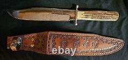 Vintage Loffe Original Bowie Knife, Leather Sheath, 15.5, Solingen, Stag Handle