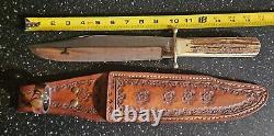 Vintage Loffe Original Bowie Knife, Leather Sheath, 15.5, Solingen, Stag Handle