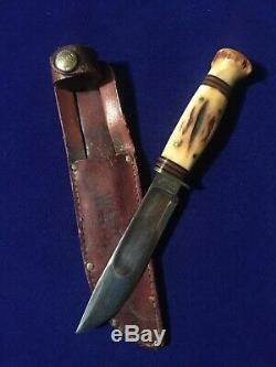 Vintage Marbles Ideal Hunting Knife Genuine Full Stag & Original Leather Sheath