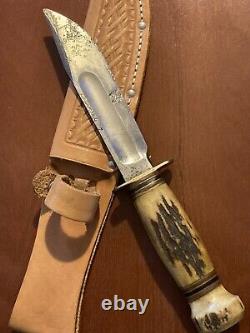 Vintage Marbles USA Gladstone Hunting Fixed Blade Stag Handled Knife