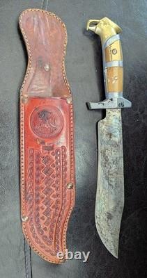 Vintage Mexican Mexico Eagle Head Bowie 12 Knife, 8 Blade Original Sheath