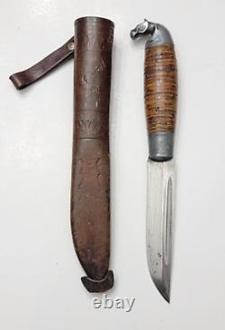 Vintage Omni Makipelkola Finland Puukko Knife with Leather Sheath E233