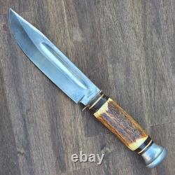 Vintage PIC Stag Hunting Bowie Knife Solingen Germany 6 Fixed Blade & Sheath