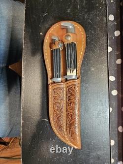 Vintage Queen Steel #82 & #85 Hunting Knife Set with Double Leather Sheath USA
