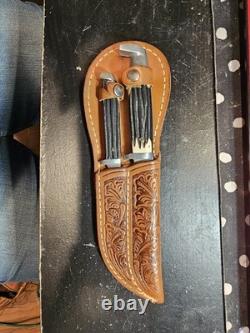 Vintage Queen Steel #82 & #85 Hunting Knife Set with Double Leather Sheath USA