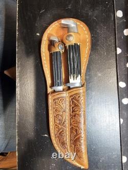 Vintage Queen Steel #82 & #85 Hunting Knife Set with Double Leather Sheath USA