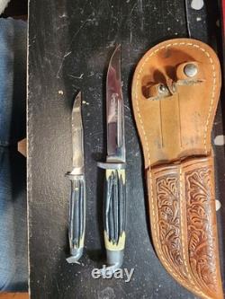 Vintage Queen Steel #82 & #85 Hunting Knife Set with Double Leather Sheath USA