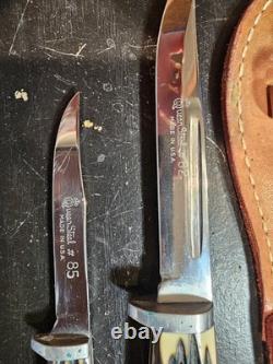 Vintage Queen Steel #82 & #85 Hunting Knife Set with Double Leather Sheath USA