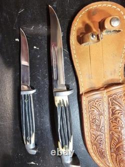 Vintage Queen Steel #82 & #85 Hunting Knife Set with Double Leather Sheath USA