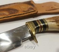 Vintage RP Jensen Oregon Custom Hunting Knife Stag Handle Fixed Blade With Sheath