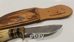 Vintage RP Jensen Oregon Custom Hunting Knife Stag Handle Fixed Blade With Sheath