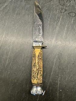 Vintage Rare Stag Handled Anton Wingen Jr. Othello Solingen German Knife Etched