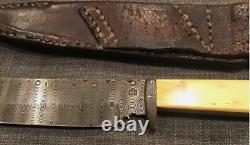 Vintage S. L. Signed Damascus Gaucho Handmade Bowie Knife Cow Bone Handle Sheath