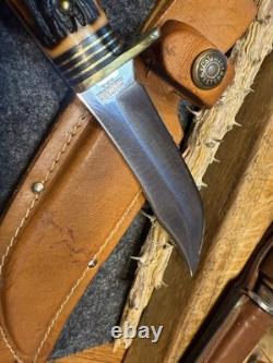 Vintage Stag Handle Western S-H 66 Fixed Blade Hunting Knife Stainless USA Made