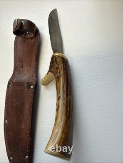 Vintage Swedish Antler Handle Hunting Skinning Knife Faint Sandvik Sweden Mark