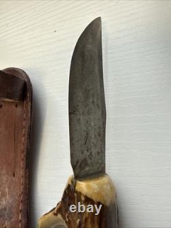 Vintage Swedish Antler Handle Hunting Skinning Knife Faint Sandvik Sweden Mark