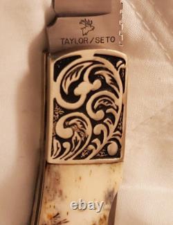 Vintage Taylor/Seto Elk Stag Handle 2 Blade 440 Knife WithOriginal Sheath Japan