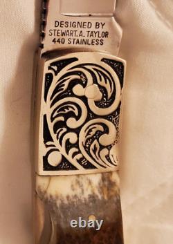 Vintage Taylor/Seto Elk Stag Handle 2 Blade 440 Knife WithOriginal Sheath Japan