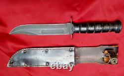 Vintage US ONTARIO Fighting Knife w Leather Sheath & Stacked Leather Handle MINT