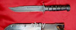 Vintage US ONTARIO Fighting Knife w Leather Sheath & Stacked Leather Handle MINT
