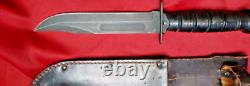 Vintage US ONTARIO Fighting Knife w Leather Sheath & Stacked Leather Handle MINT