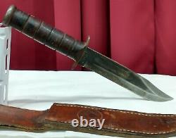 Vintage USMC KaBar Marine Corp Fighting Utility Knife Leather Sheath Olean NY