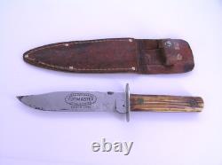 Vintage Utica Kutmaster USA Etch Bone Stag Bowie Knife & Sheath Hunting Knives