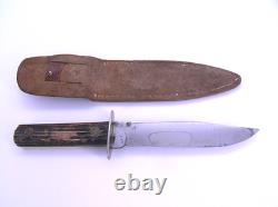 Vintage Utica Kutmaster USA Etch Bone Stag Bowie Knife & Sheath Hunting Knives
