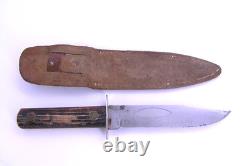Vintage Utica Kutmaster USA Etch Bone Stag Bowie Knife & Sheath Hunting Knives