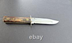 Vintage Utica Kutmaster USA Etch Bone Stag Bowie Knife & Sheath Hunting Knives