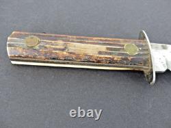 Vintage Utica Kutmaster USA Etch Bone Stag Bowie Knife & Sheath Hunting Knives