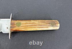 Vintage Utica Kutmaster USA Etch Bone Stag Bowie Knife & Sheath Hunting Knives