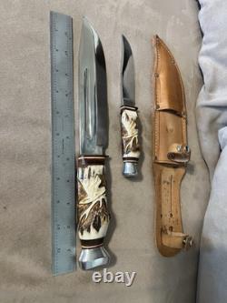Vintage W. Willms Bowie Hand Carved Stag Piggyback Germany Knife Hunting Set