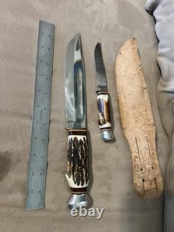 Vintage W. Willms Bowie Hand Carved Stag Piggyback Germany Knife Hunting Set