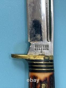 Vintage WESTERN Mod S-H48A Stag Grip Hunting Knife 4.50 Blade withOEM Sheath USA