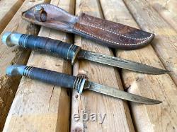 Vintage Western Camillus Bird & Trout Knife Set Stacked Leather Handle & Sheath