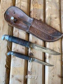 Vintage Western Camillus Bird & Trout Knife Set Stacked Leather Handle & Sheath