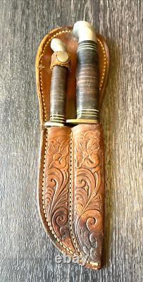 Vintage Western Camillus Bird & Trout Knife Set Stacked Leather Handle & Sheath